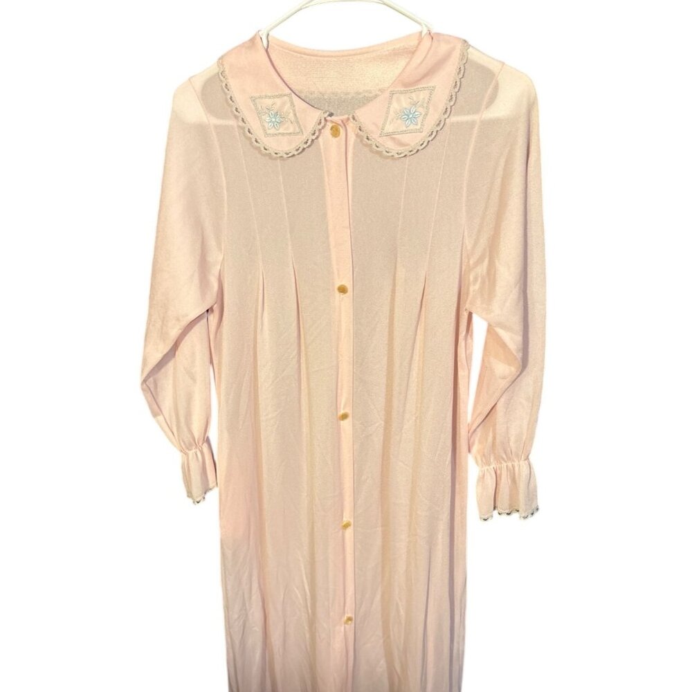 Vintage Lorraine Small Pink Button Front Housecoat With Embroidered Collar & Lac